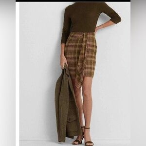 Ralph Lauren Women Olive Green  Plaid Ruffle-Trim Georgette Skirt Size 14 NEW